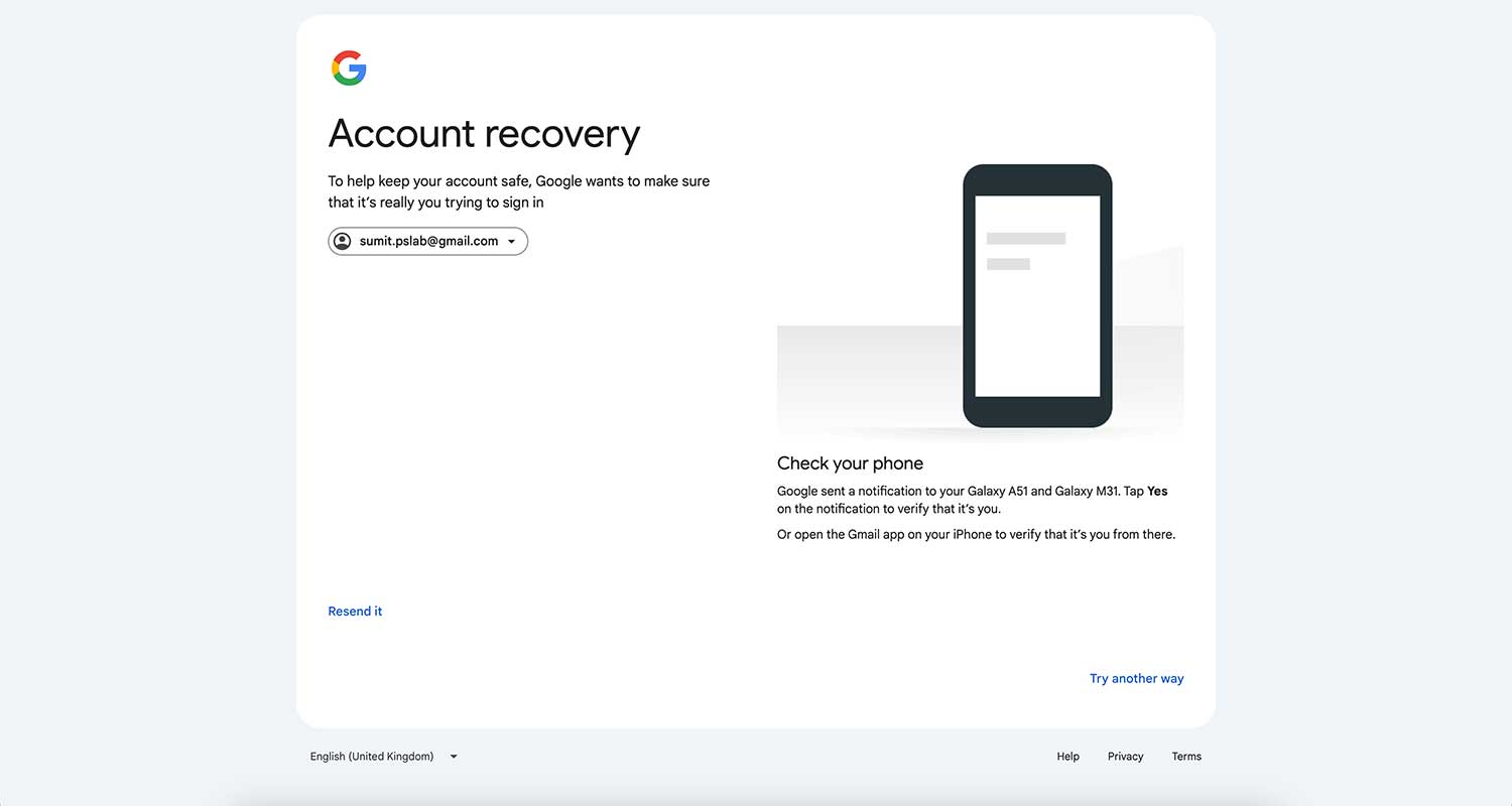 check your phone for notification in google account recovery page