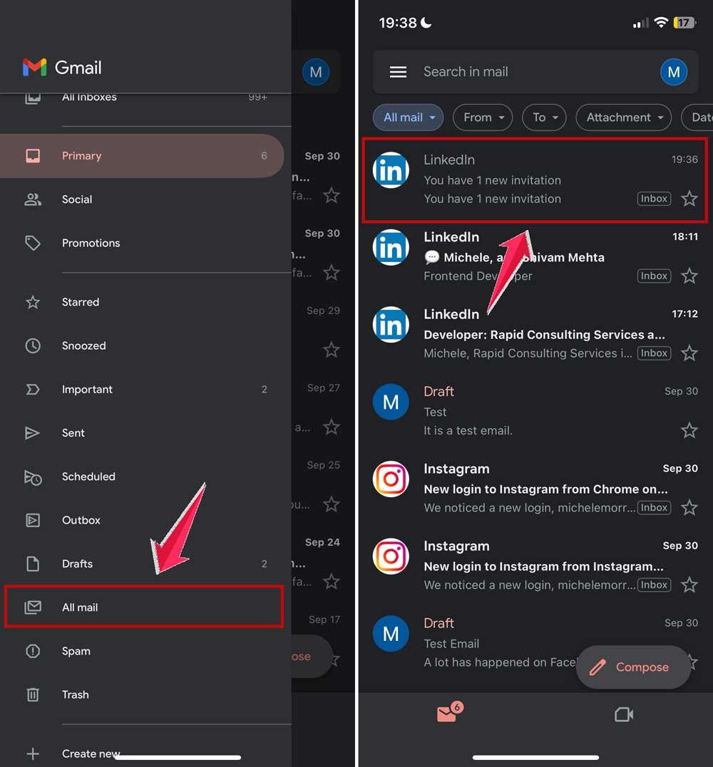 click on all mails and open an email in gmail app