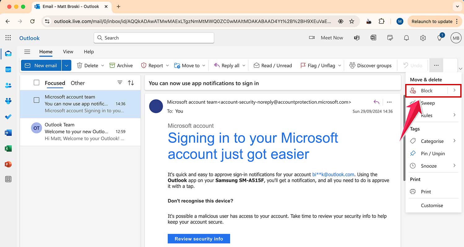 click on block from the menu in outlook mail