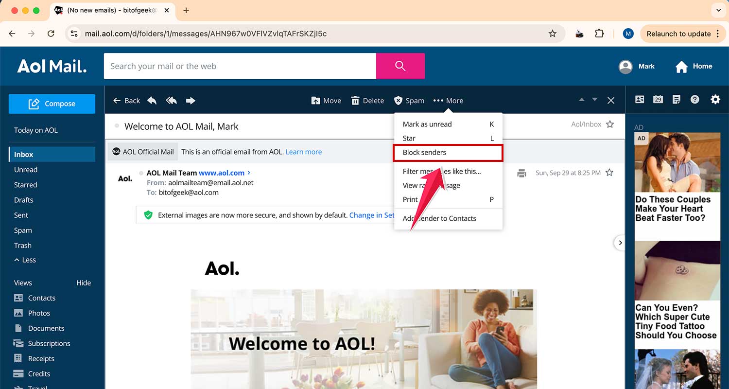 click on block senders in aol email