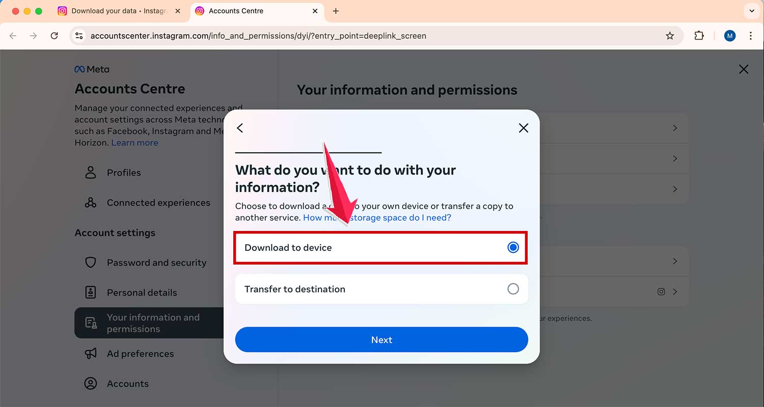 click on download to device and then next on instagram.com