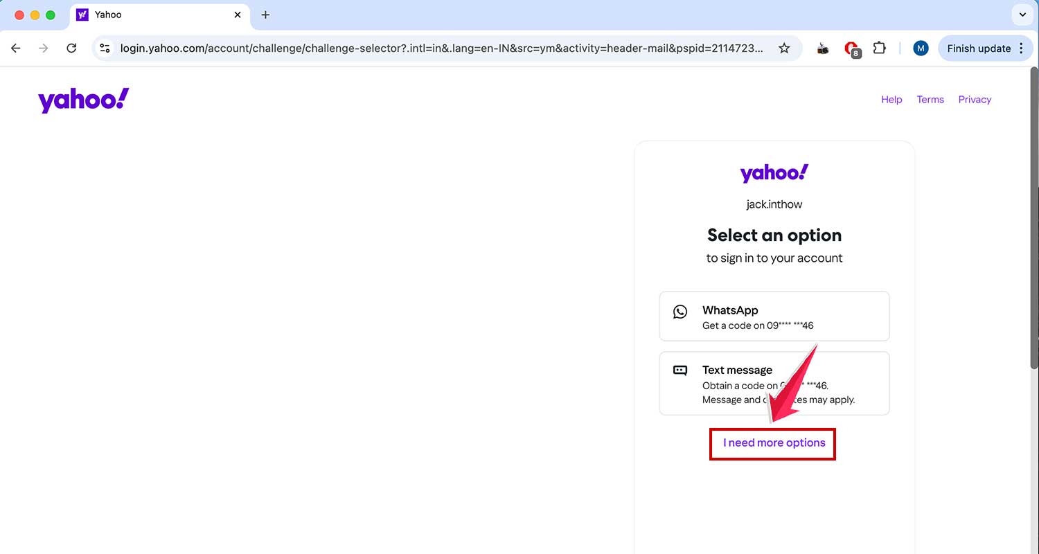 click on i need more options on yahoo sign in webpage
