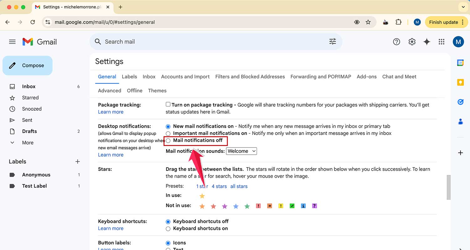 click on mail notifications off in general settings in gmail web click on mail notifications off in general settings in gmail web
