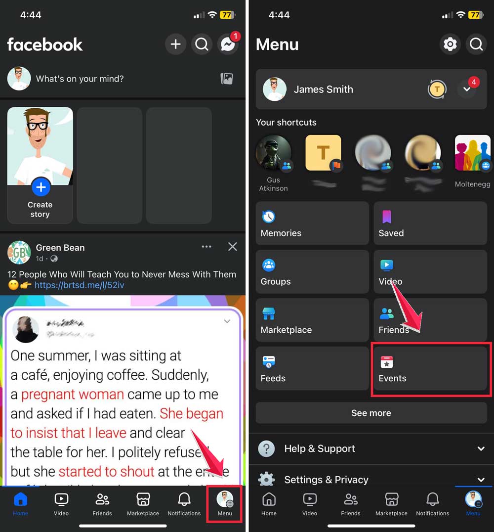 click on menu then click on events phone