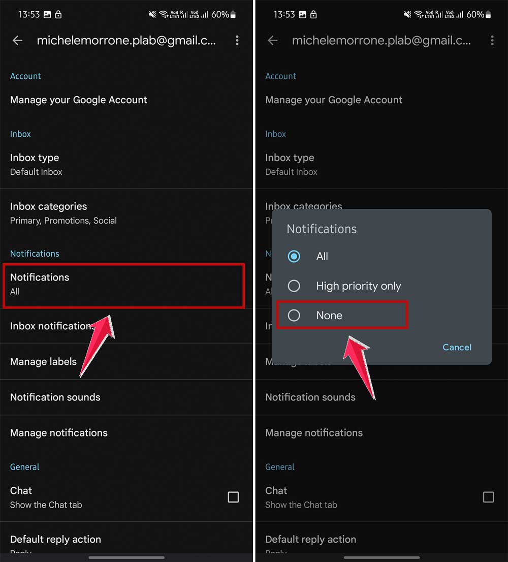 click on notifications and choose none in gmail app in android