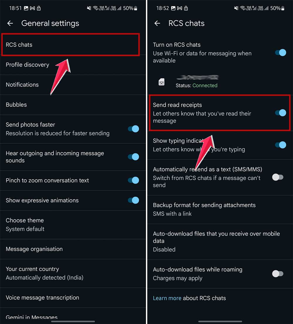 click on rcs chats and then turn on the send read receipts in messages settings in android