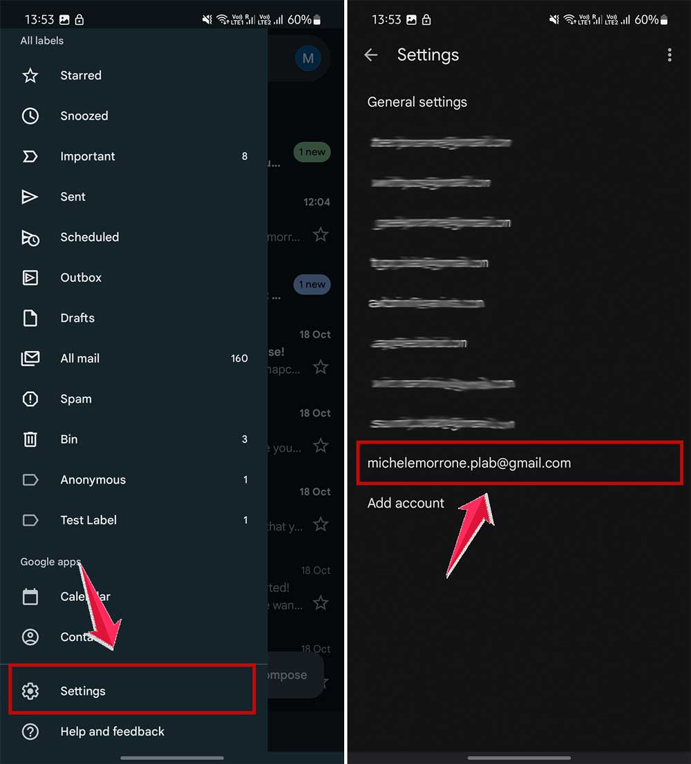 click on settings and choose an account in gmail app in android