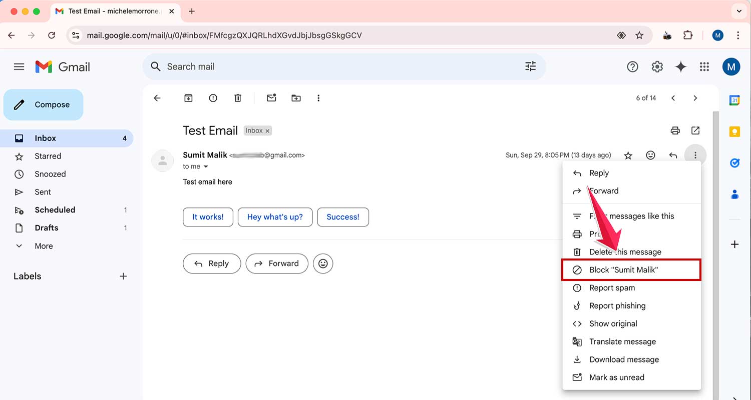 click on the block sender from the menu in gmail web