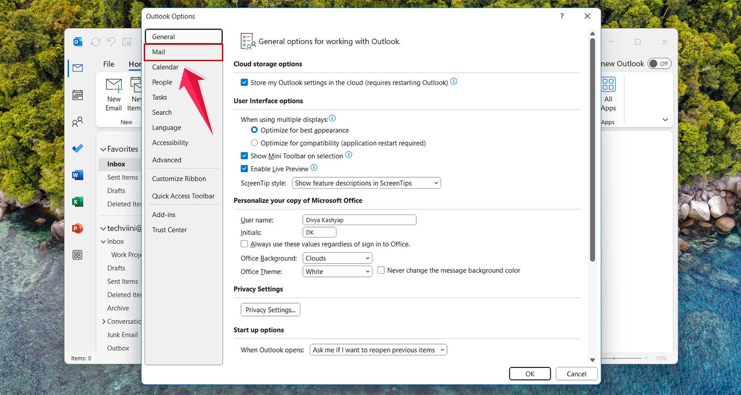 click on the mail in options in outlook app in windows click on the mail in options in outlook app in windows