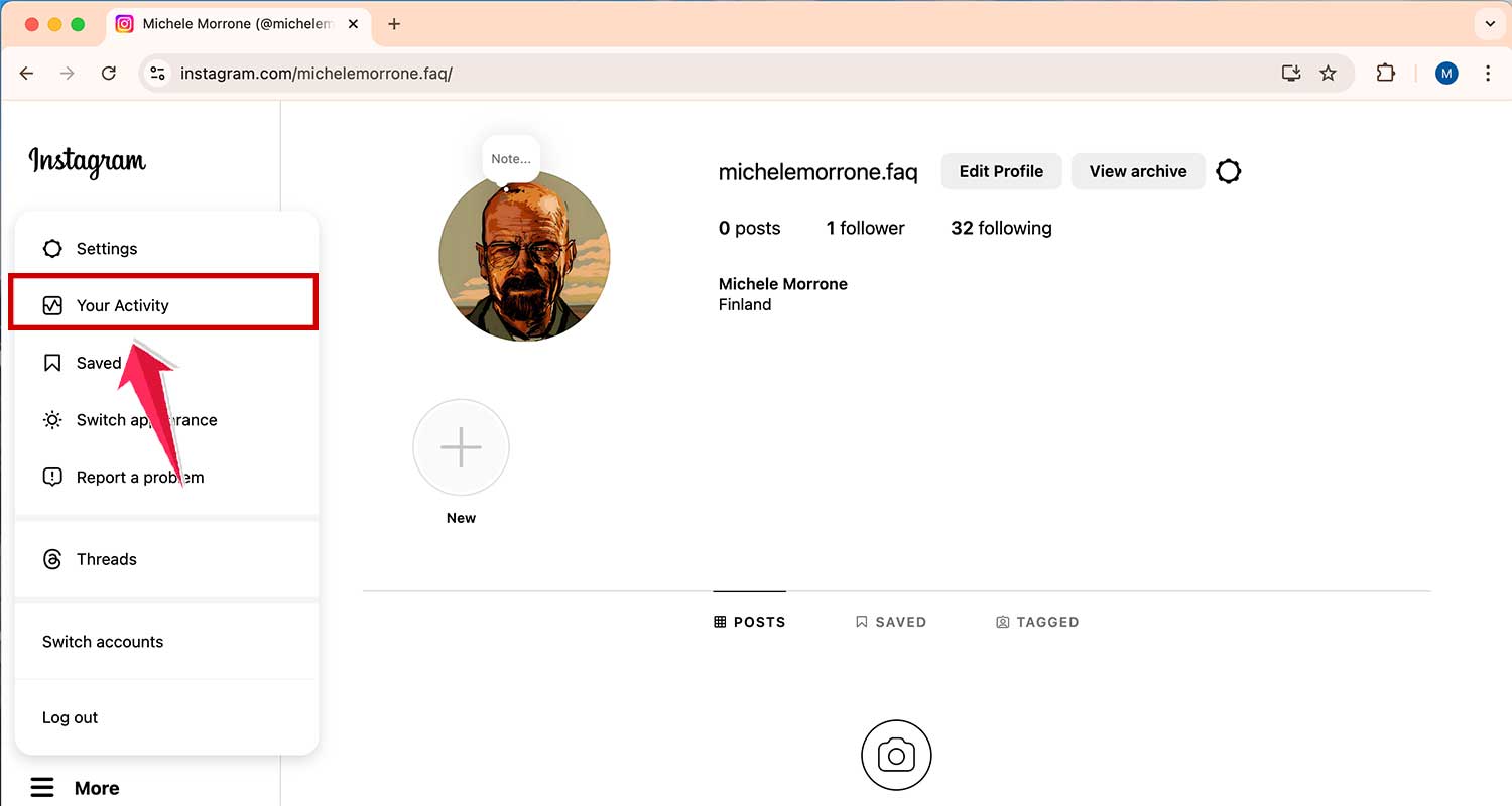 click on your activity on instagram.com