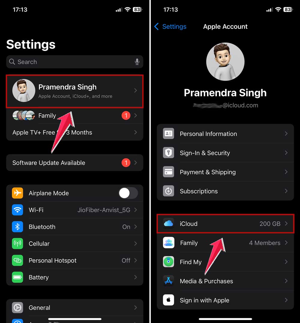 click on your name in settings app and then click on icloud in iphone