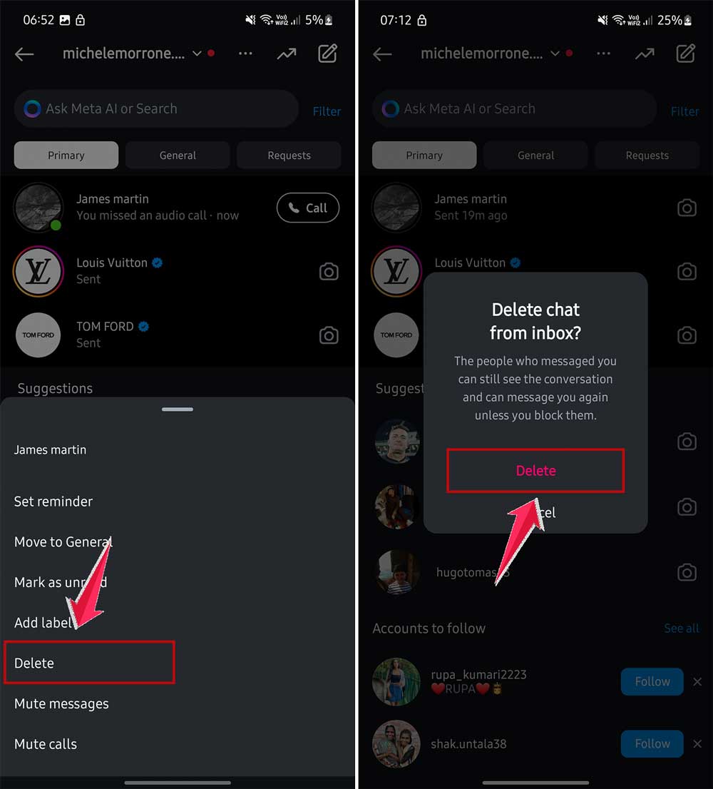 delete entire chat on instagram app
