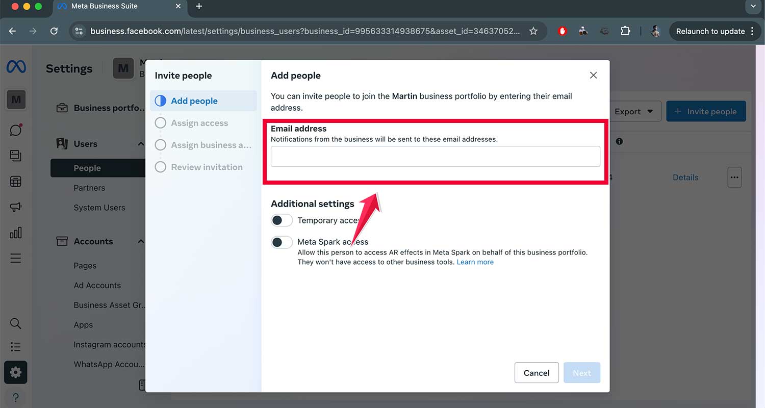enter email address business settings