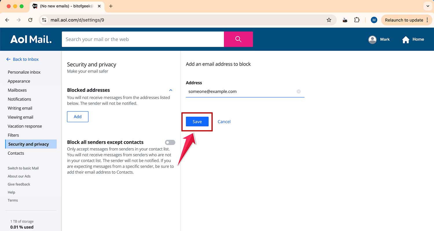 enter email and click save to block in aol mail settings