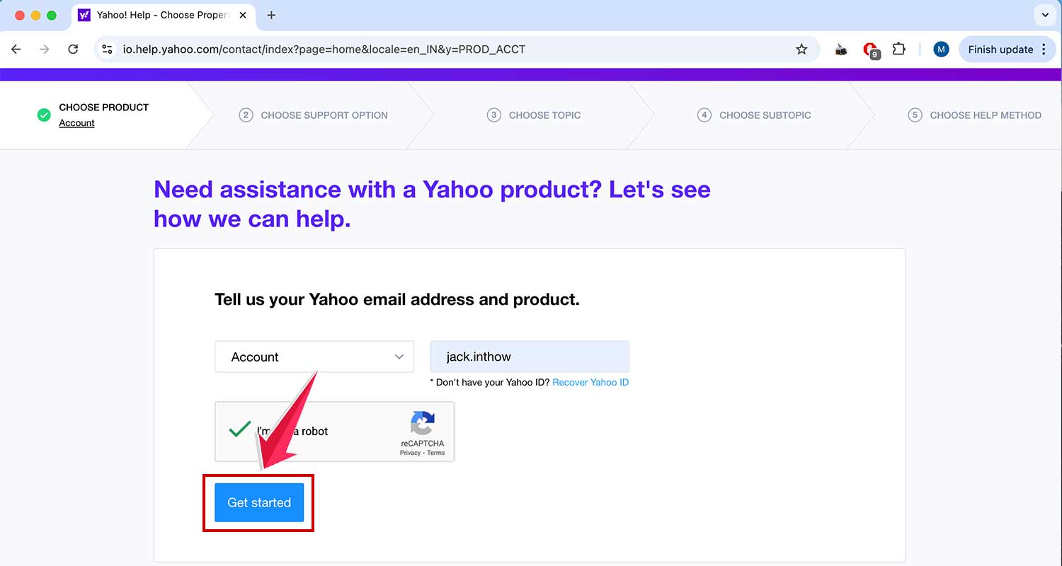 enter your username and then click on get started on yahoo hel page