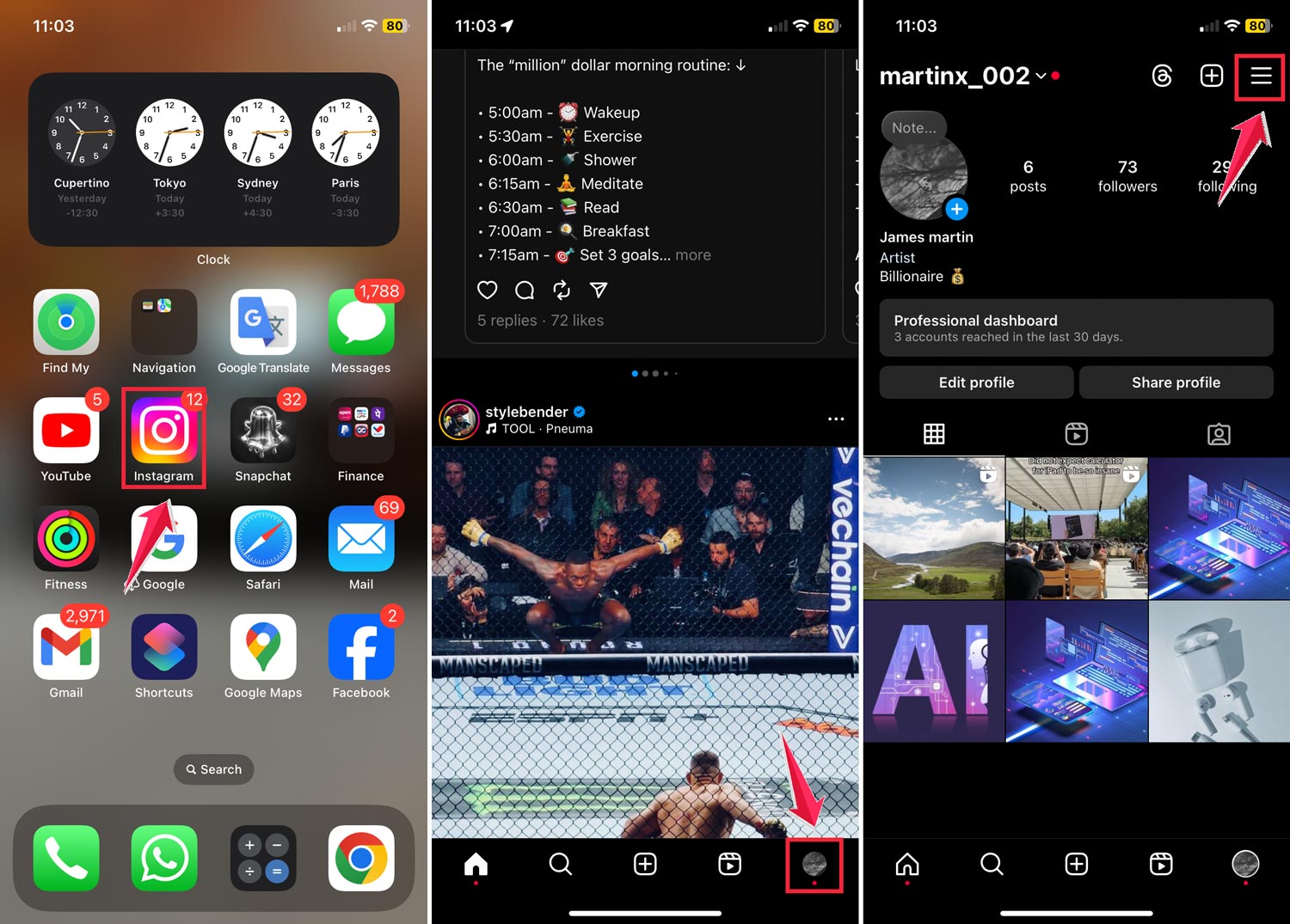 instagram then tap on profile icon and select the three dots