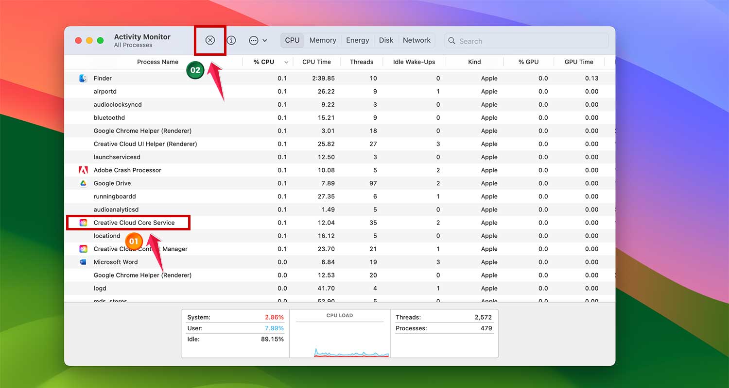 look for creative cloud files and tap on cross to quit in activity monitor in mac xl