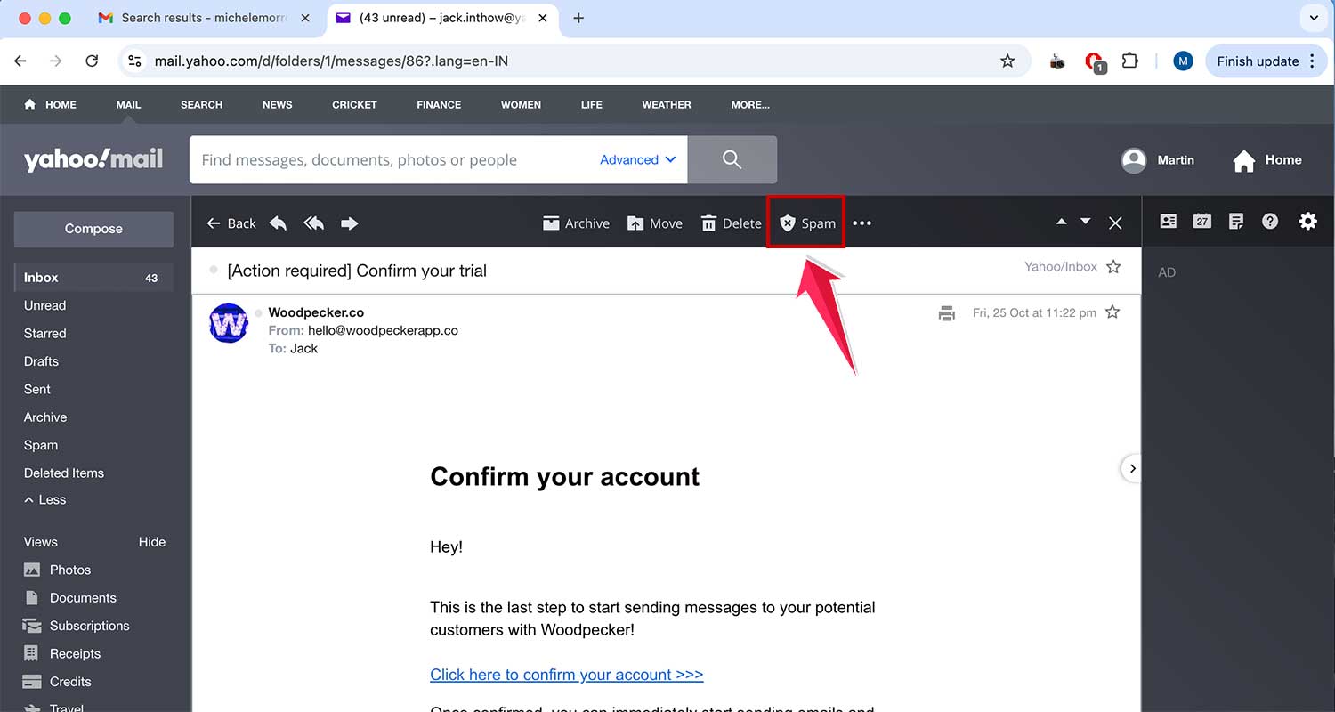 open email and click on spam in yahoo mail web