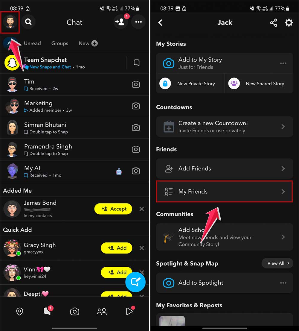 open friends list in snapchat app