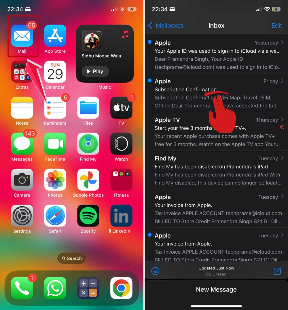 open mail app and then swipe left on an email in iphone