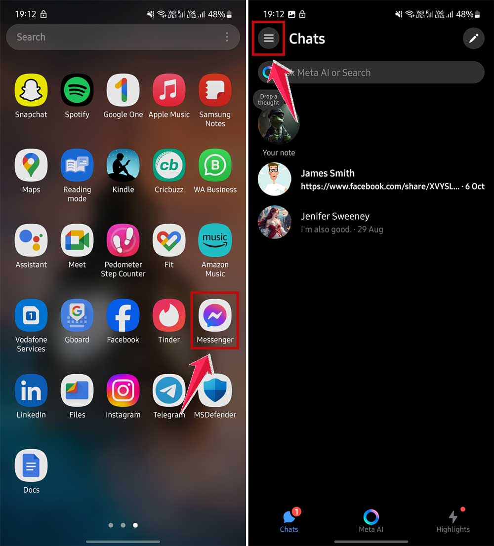 open messenger and click on three lines