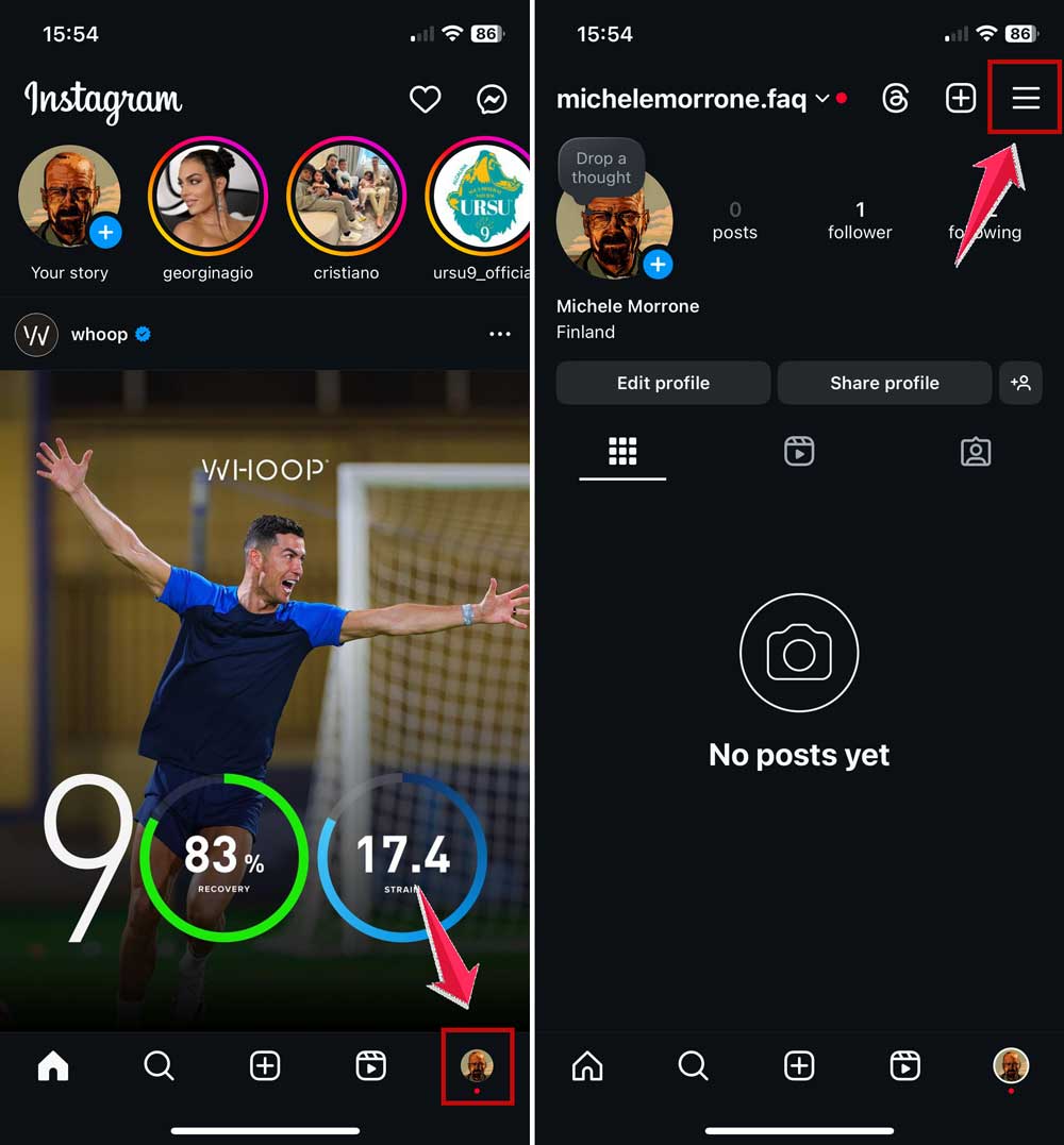 open settings and activity in instagram app in iphone