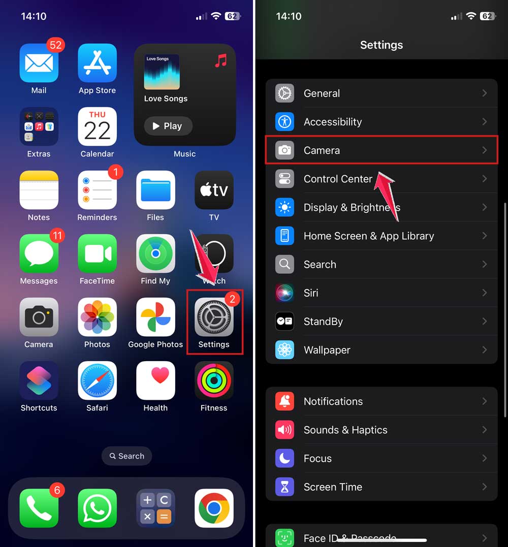 open settings and tap on camera in iphone open settings and tap on camera in iphone