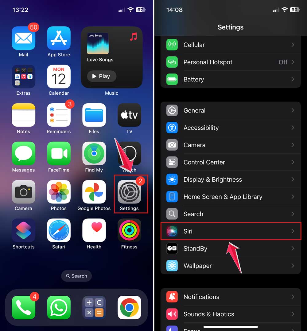 open settings and then tap on siri in settings in iphone