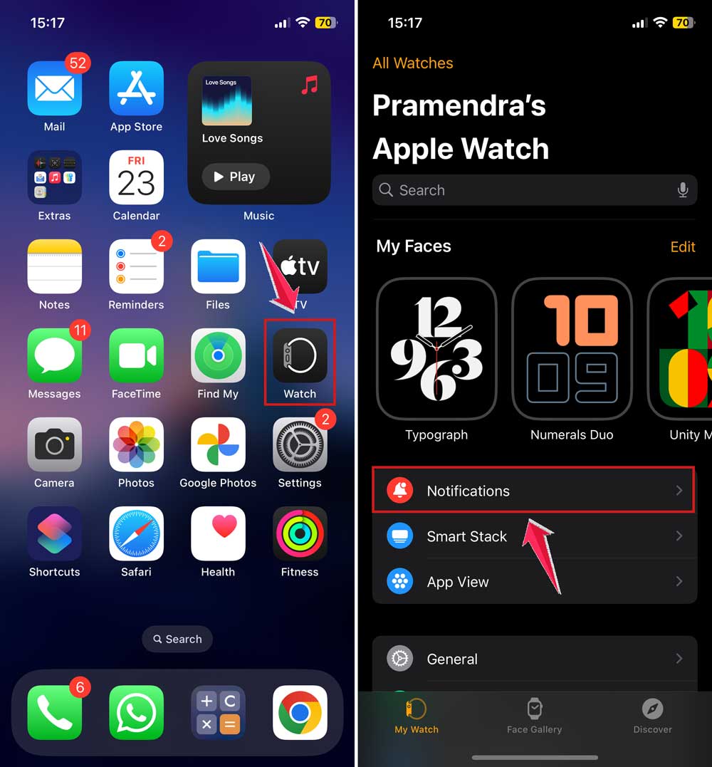 open watch app and then tap on notifications in iphone
