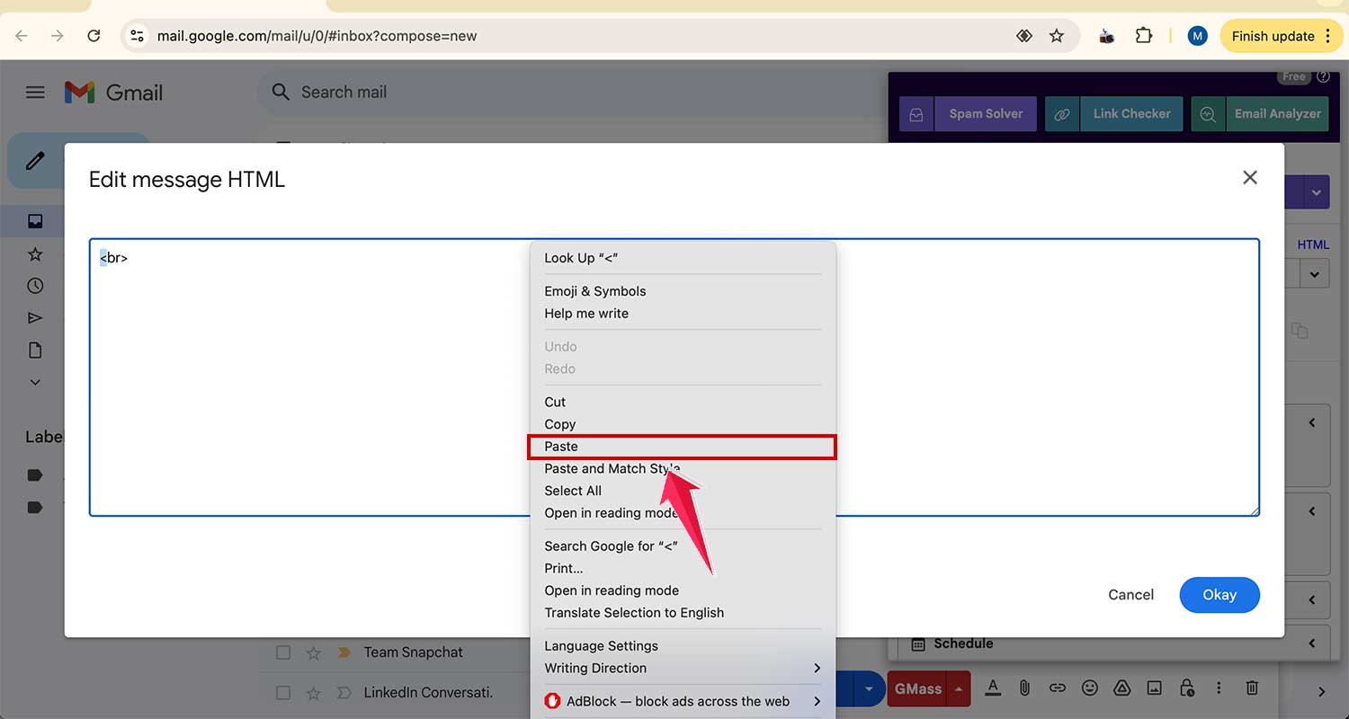 paste your html code in gmass editor in gmail web