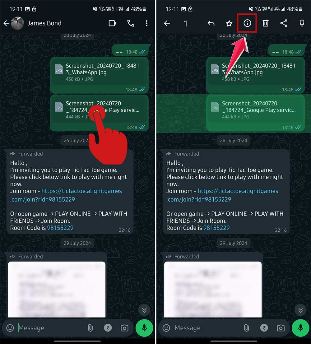 press hold on a message and then click on i icon in whatsapp