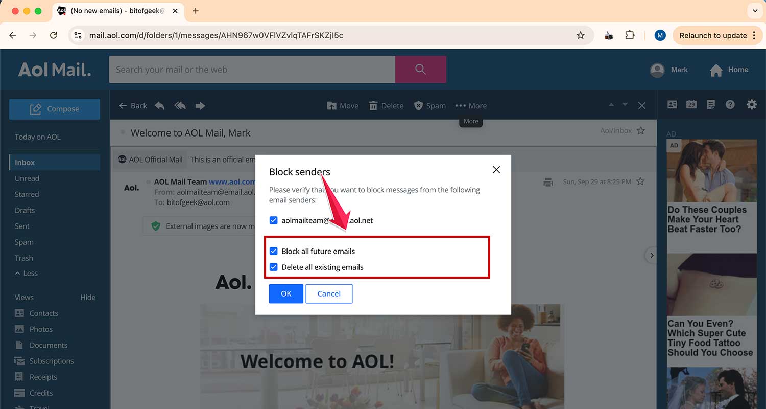 review your block sender options in aol mail