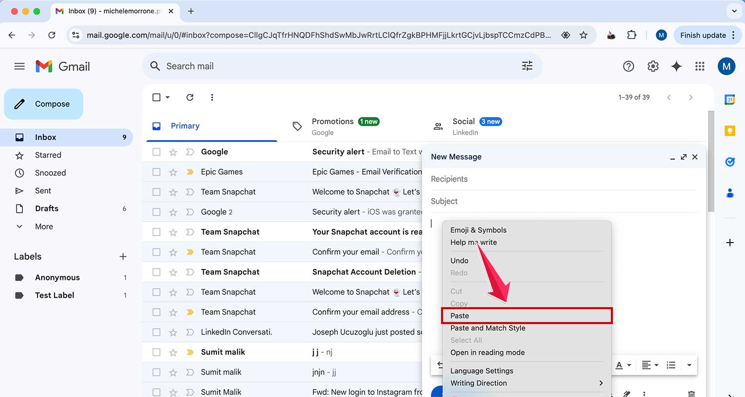 right click on the email body section and paste the copied text in gmail web