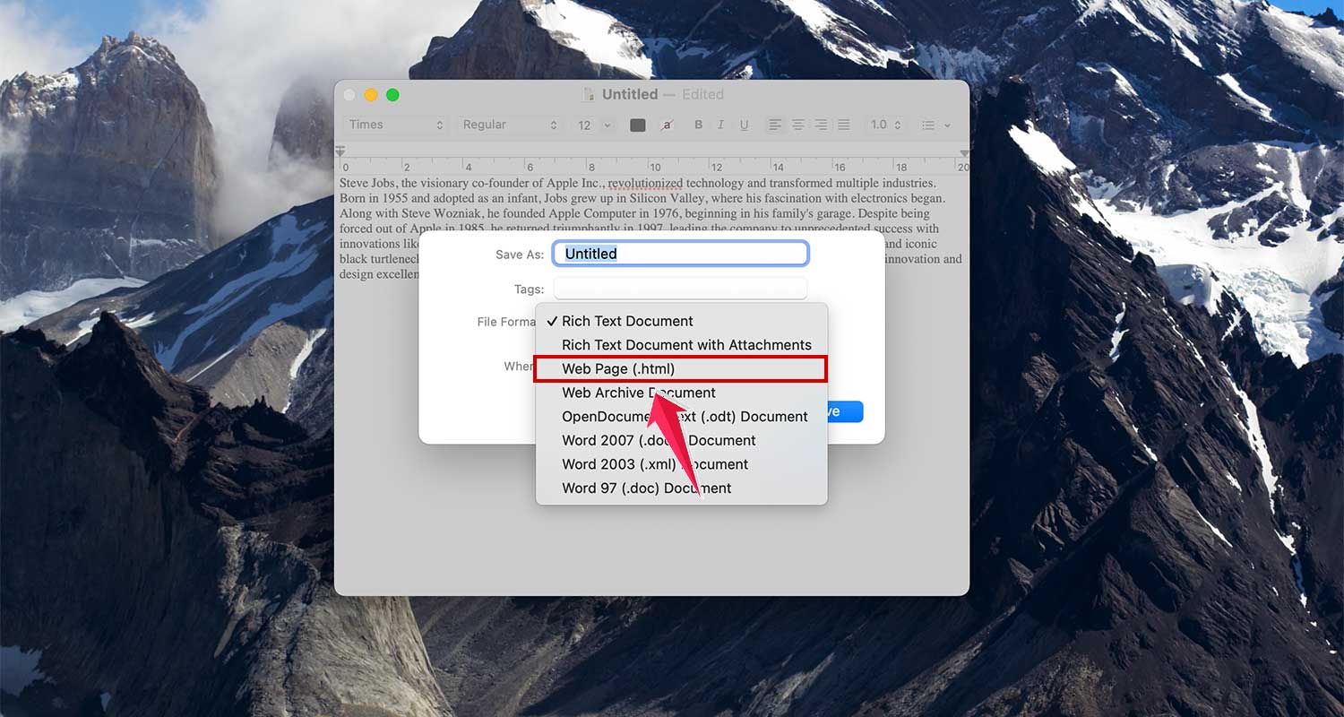 save file with html extension in text editor in mac