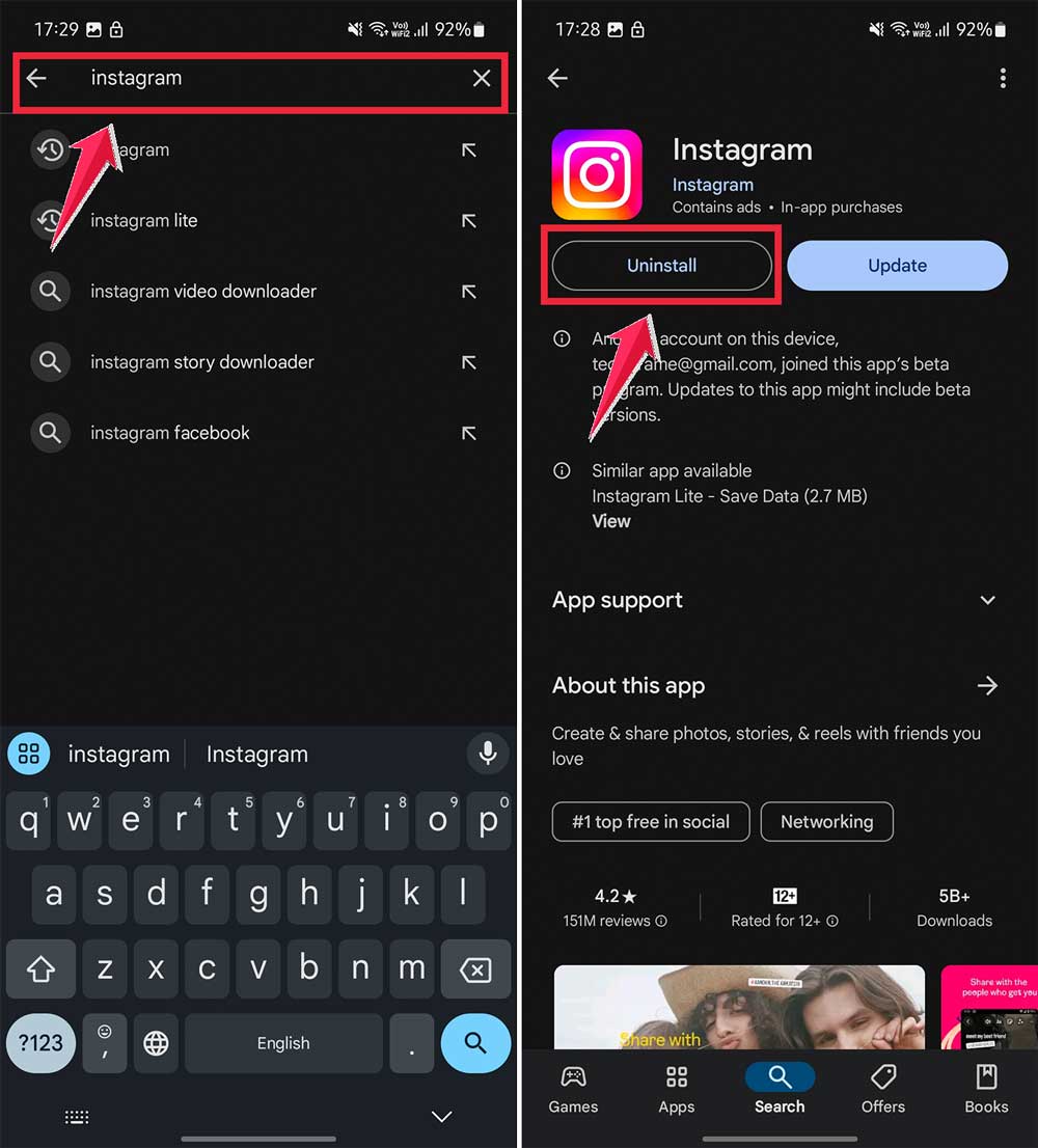 search instagram then click on uninstall