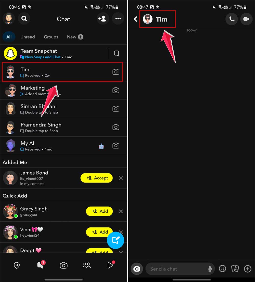 select chat and click on their name in snapchat app