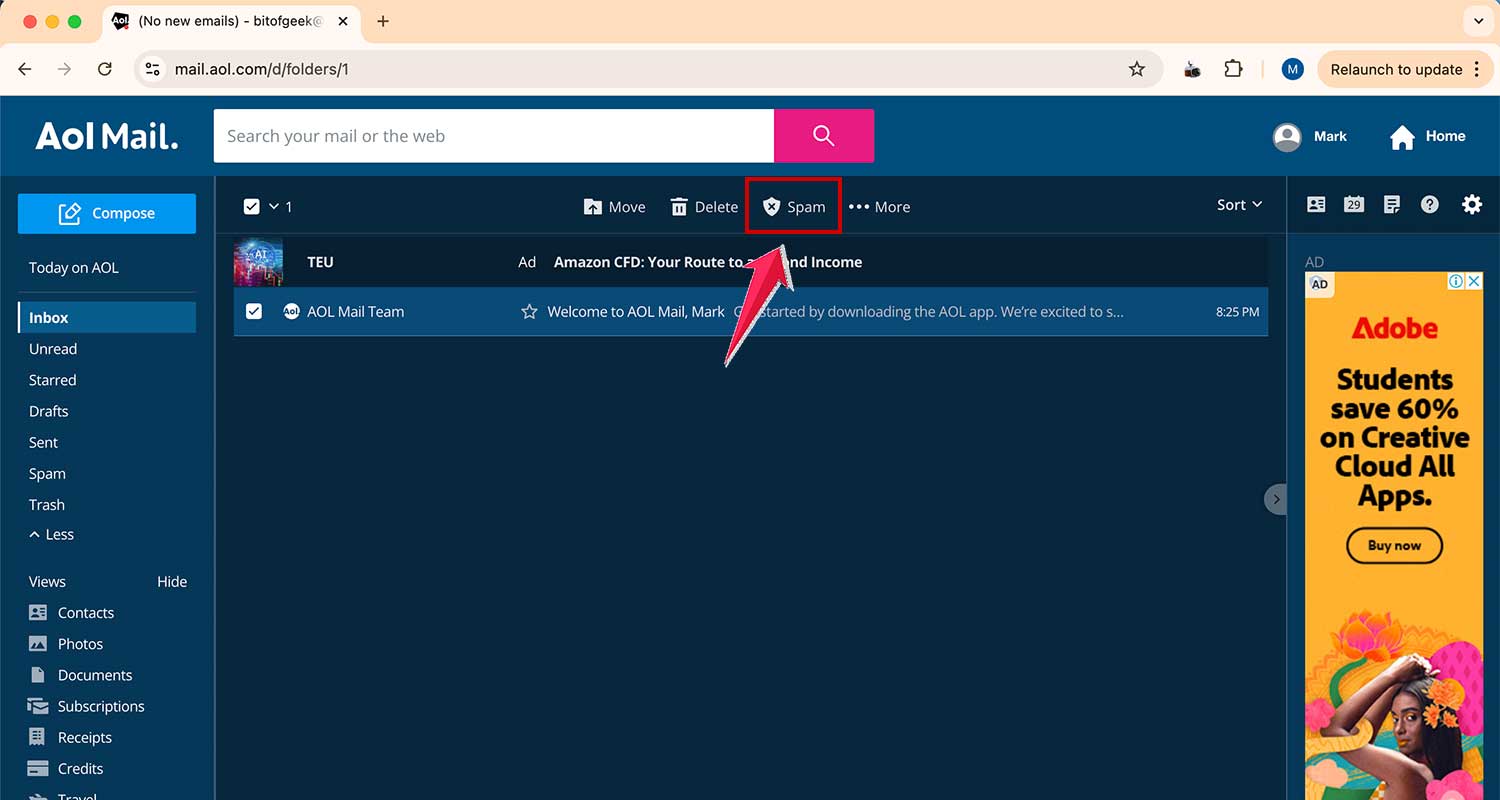 select mail and click on spam in aol mail