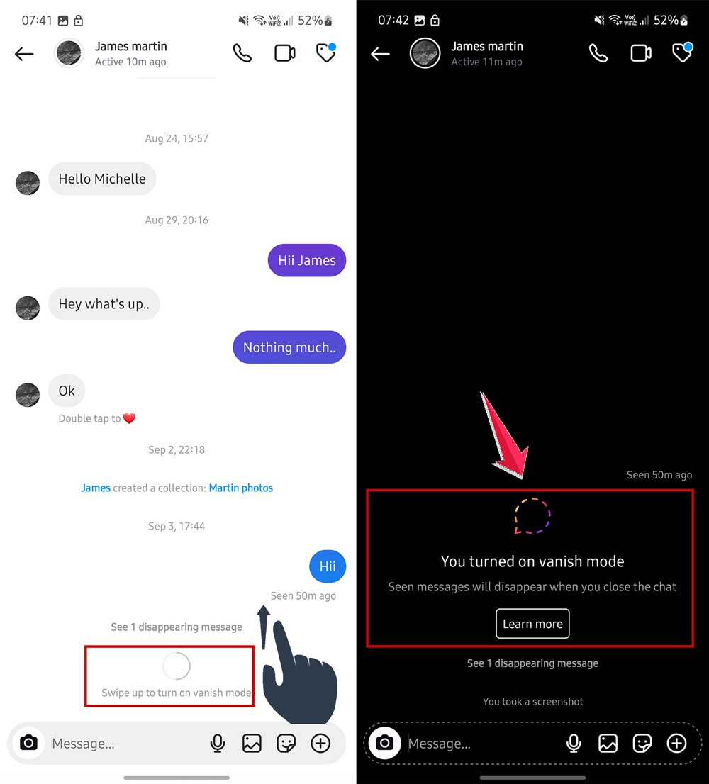 swipe up to turn on vanish mode on instagram app