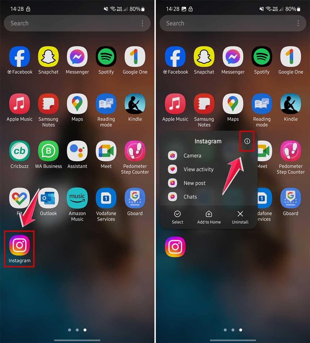 tap and hold on instagram and click on i button in android