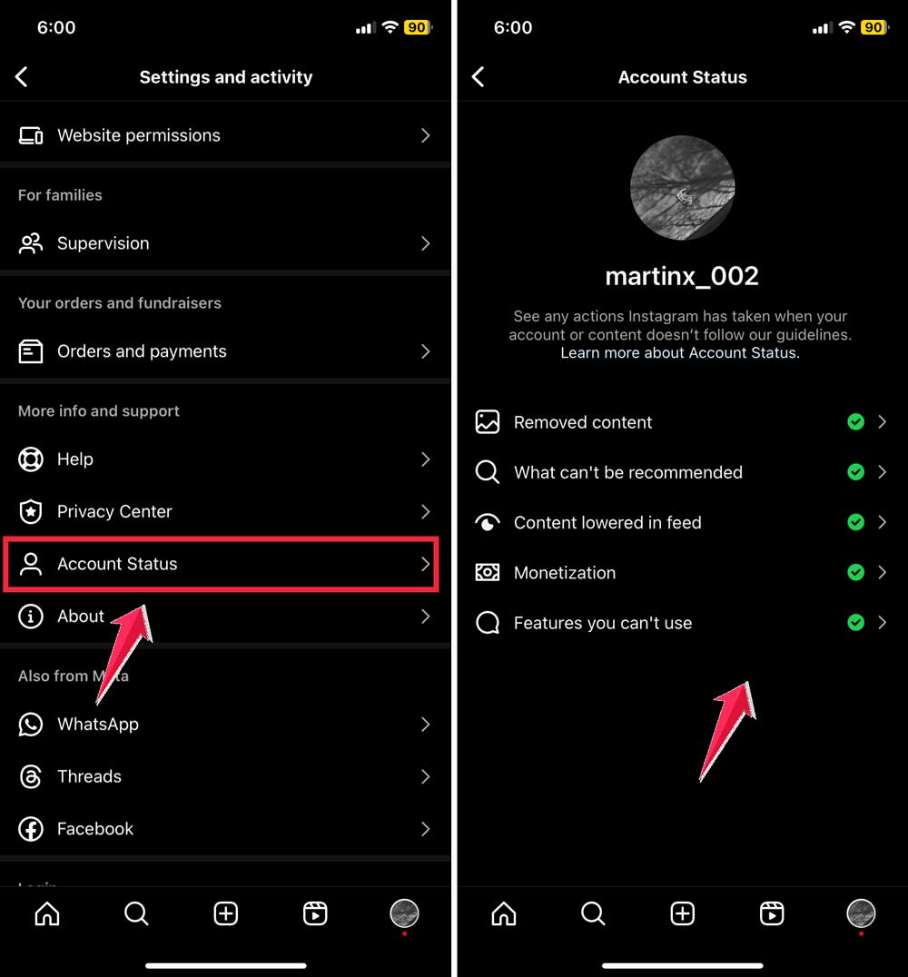 tap on account status then check account status