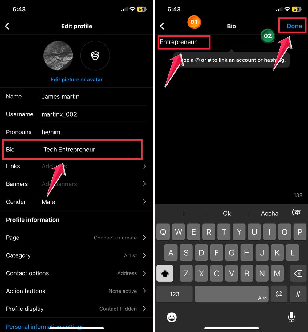 tap on bio then rewrite bio and save it