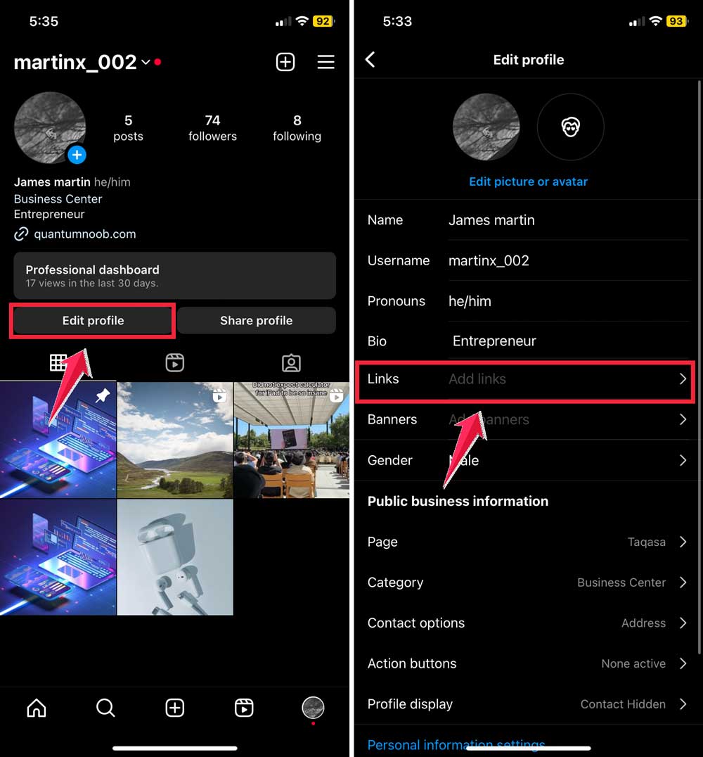 tap on edit profile then click on link