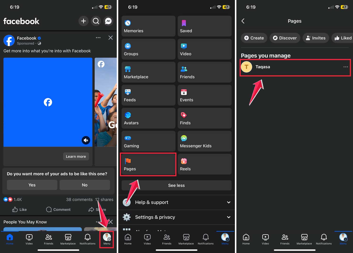 tap on menu then click on page and click on pages