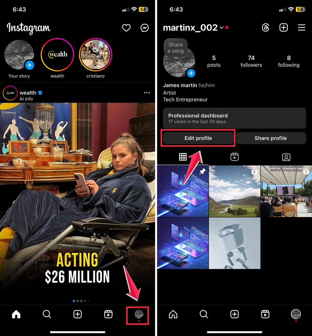 tap on profile then click on edit profile instagram