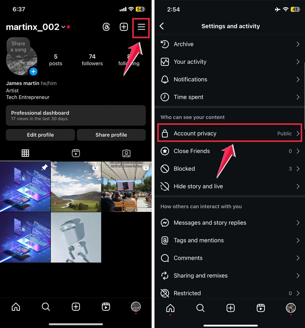 tap on three dots then click on account privacy instagram settings