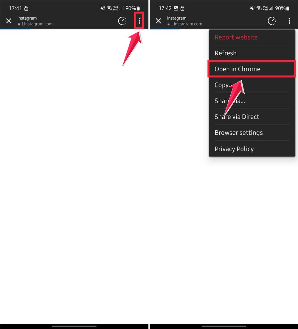 tap on three dots then click on open in chrome