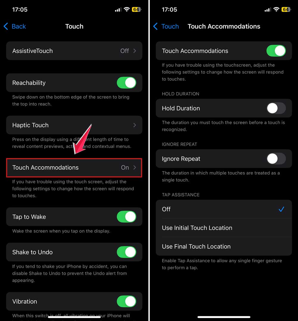 tap on touch accommodations and review settings in iphone