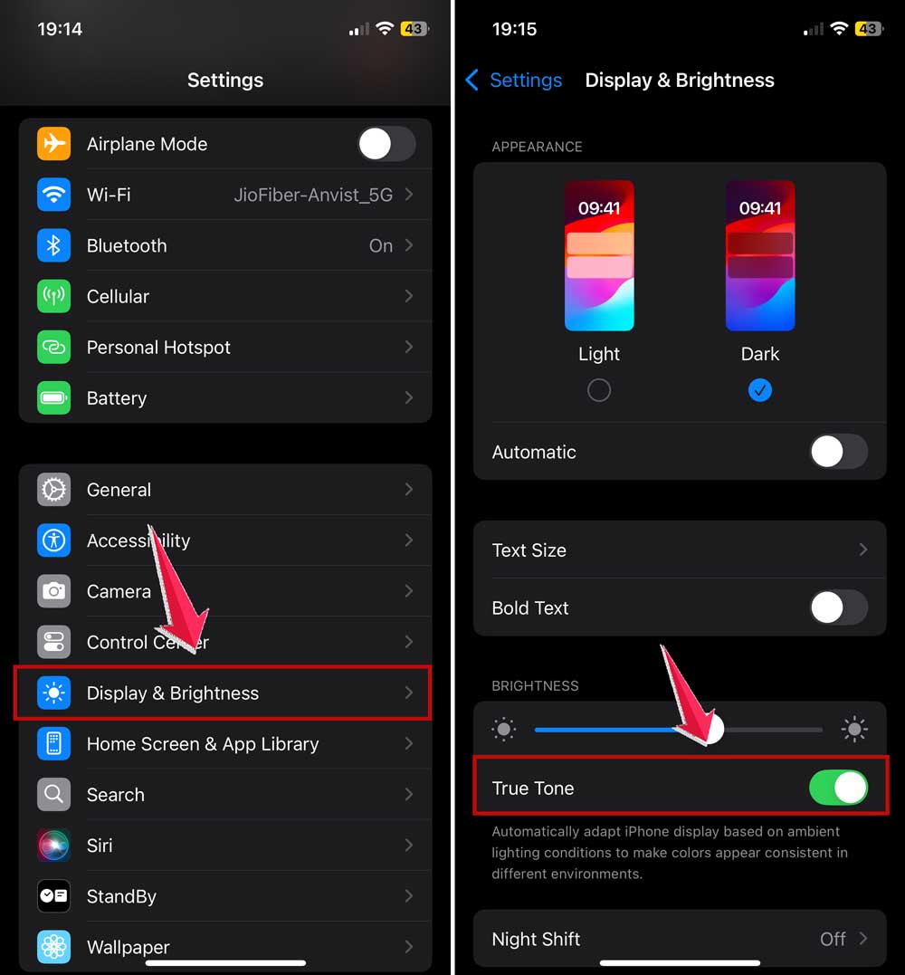 toggle off true tone in iphone