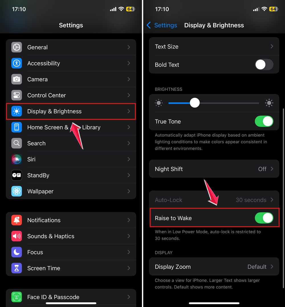turn on raise to wake in settings in iphone