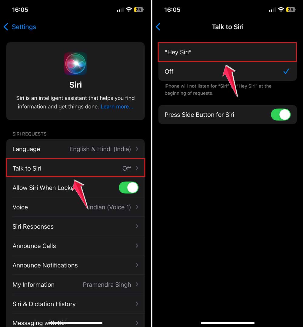 turn on talk to siri in settings in iphone